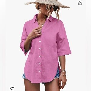 Unisex Half Sleeve V Neck Button Down Shirt Drop Shoulder Collared Blouse Top